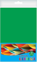 Картон цв. А4  1цв. 20л. Зелёный, поделочный, немелов., пл. 200 гр/м2, в ПЭТ-пакете