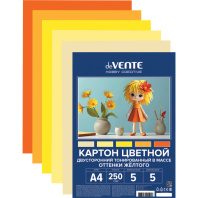 Картон цв. А4  5цв. 5л. тонированный, двусторон.., пл. 250 гр/м2, оттенки желтого цвета