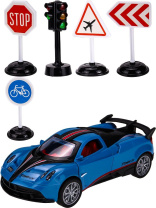 Машинка инерционная 14 см двери откр, 4 дорожных знака,светофор,синий