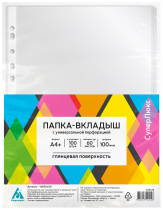 Файл с перфорацией А4+ суперлюкс  / 0,1мм / 100 шт/уп., глянцевые