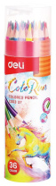 Карандаши цвет. 36цв Deli  ColoRun  трехгранные, тубус + точилка
