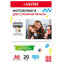 Фотобумага INK JET deVENTE A6 (10*15см) 180г, 20л, глянцевая, односторонняя