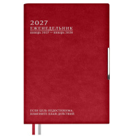 Еженедельник дат. 2027г А6+ 80л., кожзам., мягк.пер. "Шеврет глосс Бордовый", тисн.фольгой, ляссе