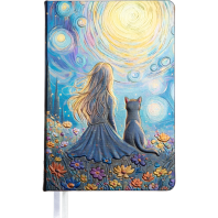 Ежедневник недат. А5 deVENTE Art 320стр., девочка с котом, тв.обл.,кожзам., цв.печать, ляссе