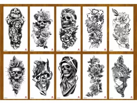 Татуировка-наклейка 11*21см "Черепа с цветами" микс