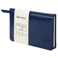 Еженедельник датированный 2026 МАЛЫЙ ФОРМАТ 95х155мм А6 BRAUBERG Imperial, под кожу, синий, 117187