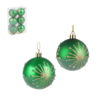 Набор елочных шаров  6 см, 6 шт., зеленый с рисунком, пластик