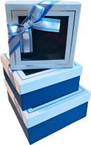 Набор подарочных коробок  3в1 с окошком и бантом, голубой/синий 15*15*6.5, 17*17*8, 19*19*9.5см