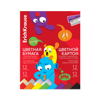 Набор цв. бум. мелов. и картона глянц. в папке ErichKrause, Jolly Friends, А4, 24 л., по 12 цв.(с металлиз.) (школьно-письменные принадл.)
