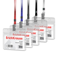 Бейдж горизонтальный в комплекте с лентой ErichKrause размер вставки 95х58 мм, прозрачный, цвет ленты ассорти, (в пакете)