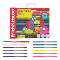 Цветные маркеры акриловые ErichKrause Slim Jolly Friends с пулевидным наконечником 12 цветов (в ПЭТ-боксе с европодвесом 12 шт)
