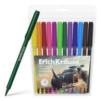Фломастеры ErichKrause Road Beast, 12 цветов (в футляре с европодвесом 12 шт)
