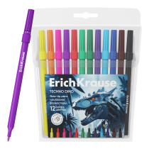 Фломастеры ErichKrause Techno Dino, 12 цветов (в футляре с европодвесом 12 шт)