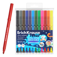 Фломастеры ErichKrause Kids Space Animals Super Tip Ultra Washable 12 цветов (в футляре с европодвесом 12 шт)