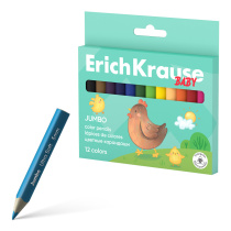 Цветные карандаши деревянные ErichKrause Baby Jumbo укороченные трехгранные, грифель 5 мм, 12 цветов (в коробке с европодвесом 12 шт)
