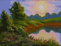 Холст с красками 30х40 см по номерам (в коробке) (30цв.) Летний рассвет над прудом (Арт.Х-4177)|РЫ|Х-4177