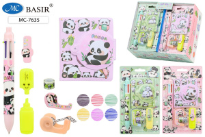 Блокнот  83*70мм клеевой кор. "Панда" лин, на кнопке + ручка+текстмаркер+2скотча