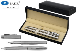 Набор ручек в футляре 2шт. "Серебряный" с пов.механизмом+ ручка с колпачком, синий