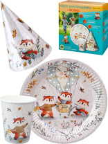 Набор для праздника "Лисички" тарелка 6 шт, стаканы 6 шт, колпаки 6 шт