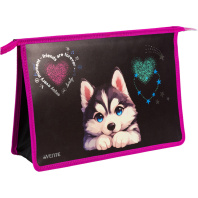 Папка д/тетрад. А4 (330*230*100) молния сверху, пластик "Cute Husky" тиснение сер.фольгой