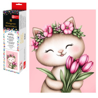 Мозаика алмазная по номерам на холсте (в рулоне) 20*25см "Кошечка с тюльпанами"