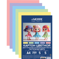 Картон цв. А4  5цв. 5л. тонированный, двусторон.., пл. 250 гр/м2, пастельные цвета