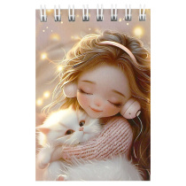 Блокнот А7  40л гребень "Девочка в наушниках и котёнок" кл., УФ-лак