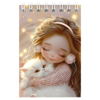 Блокнот А7  40л гребень "Девочка в наушниках и котёнок" кл., УФ-лак