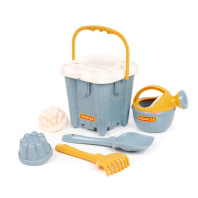 Набор игрушек "Серо-голубой" ведро-замок большое, ситечко-крепость большое, лопатка, грабельки, 2 фо