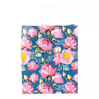 Пакет подар. бумажн. 25*22*12 см, 100 гр/м2  Пион красный, крученые ручки