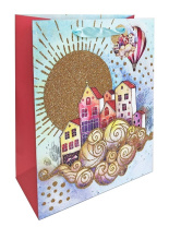 Пакет подар. бумажн. 26*32*12 см 210 гр/м2  Акварельные сюжеты. Замок, мат.лам., блестки