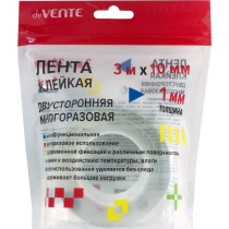 Скотч 2 сторон. 10мм*3м  МНОГОРАЗОВЫЙ, прозрачный, 1мм