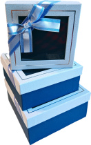 Набор подарочных коробок  3в1 с окошком и бантом, голубой/синий 15*15*6.5, 17*17*8, 19*19*9.5см