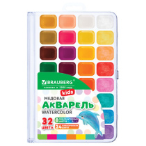 Краски акварельные BRAUBERG "KIDS NEW", медовые, 32 цвета (24 базовых + 8 перламутровых), квадратные кюветы, пластиковый пенал, 192799