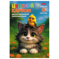 Картон цветной А4 2-сторонний МЕЛОВАННЫЙ, 8л. 8цв., в папке, HATBER, 195х280мм, Мурча, 8Кц4_36050