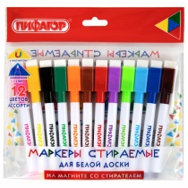 Маркеры стираемые 2 мм на магните со стирателем для белой доски и магнитного планера НАБОР 12 ЦВЕТОВ, ПИФАГОР, 152564
