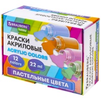 Краски акриловые художественные 12 ПАСТЕЛЬНЫХ цветов в банках по 22 мл, BRAUBERG HOBBY, 192411 Краски акриловые художественные 12 ПАСТЕЛЬНЫХ цветов в банках по 22 мл, BRAUBERG HOBBY, 192411