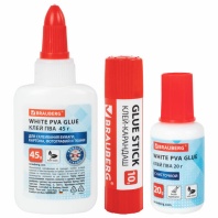 Набор клея BRAUBERG (клей-карандаш PVP 10 г, клей PVA 45г, клей ПВА 20 г с кисточкой), блистер, 271978