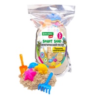 Песок для лепки кинетический, цвет песочный, 3000г, 3 формочки,лопатка,грабли,ПИФАГОР, 666004