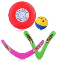 Набор игр. Бумеранг "Малый" 30см., Бумеранг "Фигурный" 25см , Лет.тарелка малая 13см, мячик