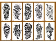 Татуировка-наклейка 11*21см "Черепа с цветами" микс
