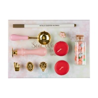 Набор с сургучной печатью. Сургуч, греющая свеча, ложка для сургуча, сургучная печать, гелевая ручка