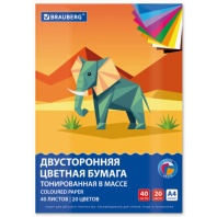 Цветная бумага А4 ТОНИРОВАННАЯ В МАССЕ, 40 листов 20 цветов, склейка, 80г/м2, BRAUBERG, 116339