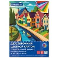 Картон цветной А4 ТОНИРОВАННЫЙ В МАССЕ, 20 листов 20 цветов, склейка, 180г/м2, BRAUBERG, 116342