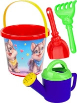 Набор игрушек. Ведро 0,85л, лейка, лопатка 13см, грабли 13см "Веселые щенки" Набор игрушек. Ведро 0,85л, лейка, лопатка 13см, грабли 13см "Веселые щенки"
