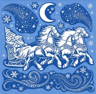 Витражная наклейка 33*33см "Дед Мороз на тройке лошадей" пластизоль
