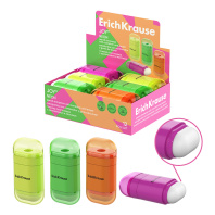 Точилка пластиковая ErichKrause JOY, Neon, с контейнером и ластиком, ассорти (в коробке-дисплее по