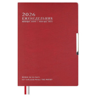 Еженедельник дат. 2026г А6 80л., кожзам., мягк.пер. "Шеврет глосс красный" тисн.фольгой, ляссе Еженедельник дат. 2026г А6 80л., кожзам., мягк.пер. "Шеврет глосс красный" тисн.фольгой, ляссе