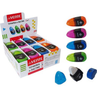 Точилка и ластик 2 в 1 пласт.с контейнером 2 отв. ассорти Точилка и ластик 2 в 1 пласт.с контейнером 2 отв. ассорти