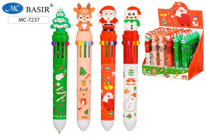 Ручка шар. многоцв. 10-ти цветная, "Новогодние" 0,5мм, прорезин.наконечник